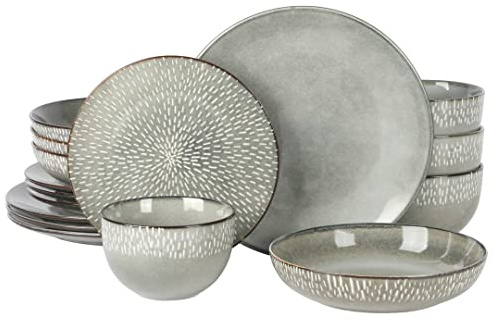 Gibson Elite Matisse 16-Piece Double Bowl Dinnerware Set, Service for 4 – Green Stoneware Plates and Bowls