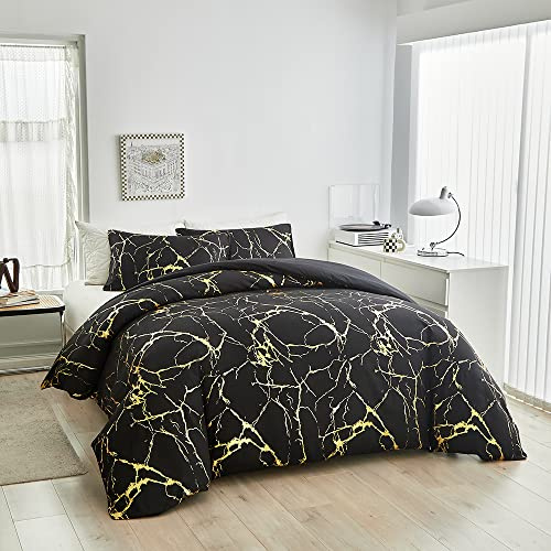 Freyamy Housse de Couette 200x200 Marbre Noir Parure de lit 2 Personne en Microfibre avec Fermeture Éclair Sets de Housse Couette avec 2 Taie d'oreiller 65 x 65 Linge de Lit Imprimé