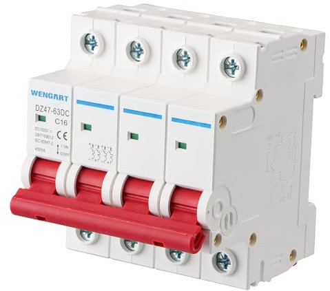 Wengart PV Sicherungsautomat DC1000V 4 Polig 16A DC Miniatur-Leistungsschutzschalter Schutzluftschalter 35mm DIN-Schienenmontage für Solar-PV-Anlage Solarzellen Gittersystem