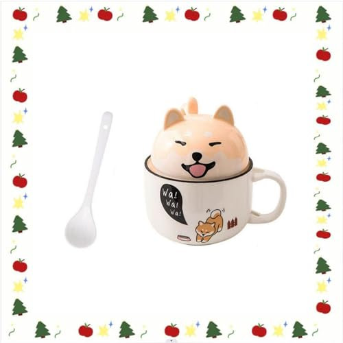 Shiba Inu Tasse 350ml+150ml, Hunde Niedlich, Kaffeetasse Keramik, Becher mit Deckel und Löffel, für Tee, Kaffee, Milch