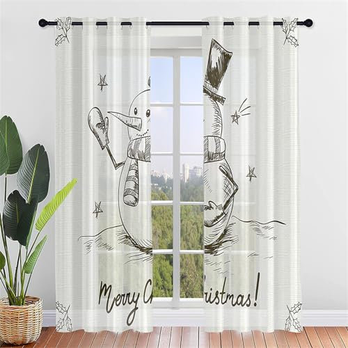 Hiseng Weihnachten Voile Vorhänge mit Ösen Durchsichtig Halbtransparent Ösenvorhang für Fenster Wohnzimmer Schlafzimmer Elegant Rot Transparent Gardine 2er Set (132x213cm,Graue Malerei)