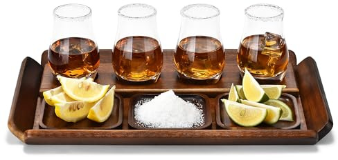 Shanik Rustic Wooden Whiskey Flight Paddle Set – Bourbon Tasting Board with 4 Glasses & Coasters, Scotch Sampler Tray for Home Bar, Cocktail & Spirits Gift