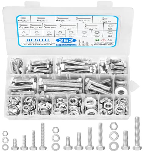 Besitu 252Pcs Hex Bolts and Nuts Assortment Kit, 1/4-20, 5/16-18, 3/8-16 Assorted Bolts Nuts and Washers Kit, 304 Stainless Steel Machine Screw Sets with Case