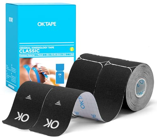 OK TAPE Kinesiologitejp, förskuren, 2 rullar, 5 cm x 5 m, 20 st, svart | Latexfri, vattentät och elastisk, fysiotejp för knän, axel, fotled, plantar, led och kroppsstöd