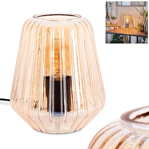 Tischleuchte Telhais, Tischlampe aus Metall/Glas in Schwarz/Bernsteinfarben, Leuchte im modernen Vintage/Retro-Design mit Schirm aus Glas (Ø 17cm) u. An/-Auschalter am Kabel, 1x E27, ohne Leuchtmittel