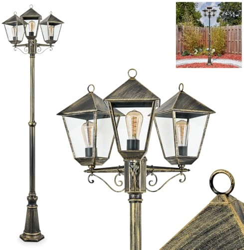 HOFSTEIN Kandelaber Anfei, Außenwegeleuchte aus Metall/Glas in Schwarz/Gold/Klar, Wegeleuchte im Landhaus/Antik/Retro/Vintage-Design für Garten, Außenbereich, Hof, Höhe max. 240 cm, 3 x E27, IP44