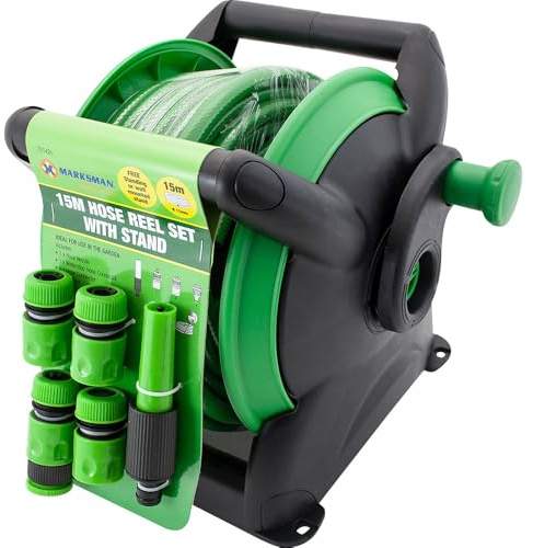 15m Compact Hose Reel with Stand and Fittings - Portable Garden Water Hose Storage for Easy Outdoor Use