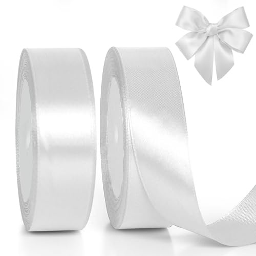 GXFCING Nastro di Bianco Largo 25mm, 46Metri Nastro di Raso per Confezioni Regalo, Cucito, Artigianato, Decorazione per Matrimoni, Battesimi, Natale e Feste (23 M/Rotolo)