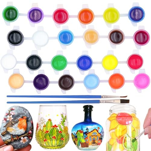 FUNSHOWCASE Glasfarben 28er Set 24 Acrylfarben 4 Pinsel für Glasmalerei Fenstermaler Wasserfest
