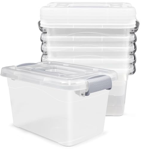 6 Pack 8L Plastic Storage Box with Lid, Clear Storage Organizer Bins with Latching Handle, 27 x 20 x 16.5 cm Stackable Storage Boxes, Multipurpose Storage Box for Home, Office, Accessories