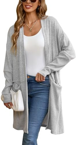 Famulily Oversized Waterfall Cardigans for Women, Soft Lightweight Long Sleeve Front Open Grey Cardigan Top (XL, Grey)
