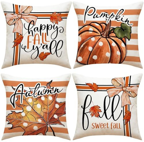 champracer Herbstdeko Kissenbezug 4er Set Halloween Kürbis Kissenbezüge Outdoor Kissenbezüge Herbst Kissenbezug Dekoration für Outdoor Garten Sofa Balkon 45x45 cm (A)