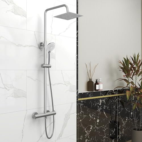 Biubiubath Bathroom Thermostatic Shower Mixer Set Chrome Silver, 200mm Square Overhead Rainfall Shower, 3-Funcion Round Handheld Shower, Round Riser Rail, Height Adjustable Shower Set
