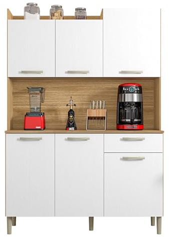 Buffet de Cuisine 6 Portes 1 Tiroir Chêne et Blanc L 121.5 H 176 P 36.3 cm