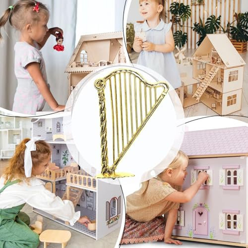 TQEBWUS Miniatur-Harfenfigur, kleines Harfenspielzeug - Kleines Harfen-Desktop-Ornament-Set mit 5 Stück | Miniatur-Puppenhaus, Harfenspielzeug, Simulation 1:12, Retro-Harfe, Weihnachtsbaumschmuck,