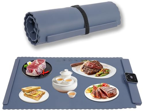 Warmhalteplatte für Speisen, Faltbare Elektrische Tragbare Wärmematte mit Griff Segeltuchtasche, 60-100℃ Heizplatte für Buffet, Party, Auftauen, 65 * 39 * 2.1cm (Blau)