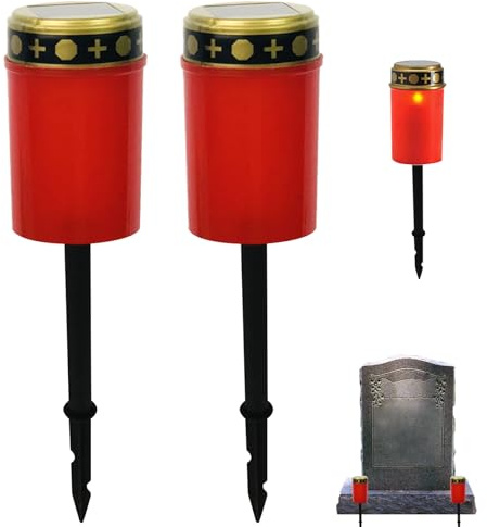 Obelunrp Luci tomba solari 2 pcs impermeabili di cimitero solare luci di commemorario solare senza piena fiamma luci di palo per esterni per decorazioni tombe regali commemorativi rossi, solari tombe