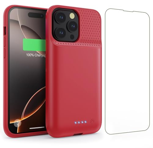 Feob Funda Batería para iPhone 16 Pro MAX, 8600mAh 15W Funda Cargador Portatil Carcasa Batería Recargable con Protector de Pantalla de Vidrio Templado para iPhone 16 Pro MAX [6,9 Pulgadas] (Rojo)