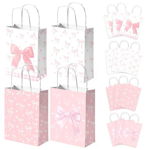 12 Stück Geschenktüte Rosa, Papiertüten, Papier-Geschenktüten mit rosa Schleife, Kokette mit Griffen, süße Süßigkeiten-Aufbewahrung für Braut, Verlobung, Hochzeit, Muttertag