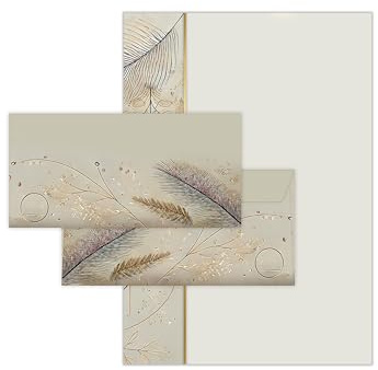 Briefpapier-Set 25 Motivpapier DIN A4 + 25 Kuverts DIN-lang haftklebend Naturfarben Elegante Federn - Naturskizzen Papier beidseitig beschriftbar für Geburtstag Jubiläum Hochzeit Geschenk