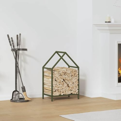 Gecheer Firewood Log Rack Metal Log Store Holder for Outdoor Indoor Metal Fireplace Wood Storage Shelf Olive Green 40x25x60 cm Cold-rolled steel