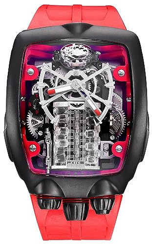 FEICE FM666 Automatik Analog Herrenuhr Skelett Großes Gehäuse Mechanische Armbanduhr Automatikuhr Rot Schwarz Modern Kautschukarmband