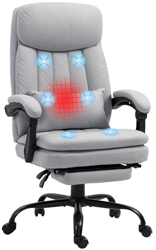 Vinsetto Bürostuhl mit Massagefunktion, Ergonomisch Schreibtischstuhl mit Liegefunktion, Vibrationsmassage, Höhenverstellbar Computerstuhl mit Lendenkissen, Fußstütze, Drehbar, Grau