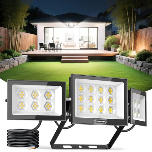 Sararoom Faretto LED da Esterno 100W 10000LM Faro Proiettori Led - 6500K Luce Bianca Fredda Faretti, IP65 Impermeabile, Supporto Regolabile 180° Luci di Sicurezza per Giardino Terrazza Garage,No Spina
