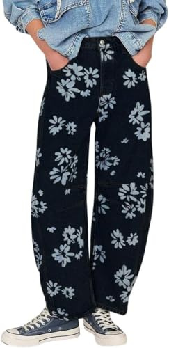 Pantalones Vaqueros de Pierna Ancha de Cintura Media elástica Y2k para Mujer Boho Floral Suelto Estampado Novio Barril Jeans Casual Bolsillos Sueltos con (Black,XXL)