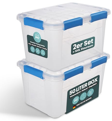 Kreher® Aufbewahrungsbox mit Deckel (50 Liter) – Wasserdichte Box stapelbar, Luftdichte Box BPA- & schadstofffrei, robuste Lagerboxen mit Silikondichtung, Kunstoffbox mit 6 Clips (2)