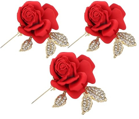 OKUMEYR 3 Stück Rote Rosenbroschen aus Legierung für Damen mit Elegantem Design Leichte Befestigung und Hohe Farbbeständigkeit für Anzüge und Geschäftstreffen