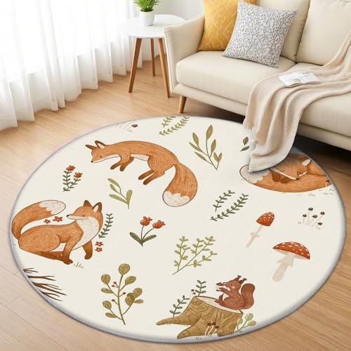 AevuCub Fuchs Teppich Rund 60 cm Kurzflor - Waschbare Teppiche Wohnzimmer Kinder Cartoon Tiere - Runder Teppich 60 cm Durchmesser Kinderzimmer - Bettvorleger Schlafzimmer rutschfest Weich