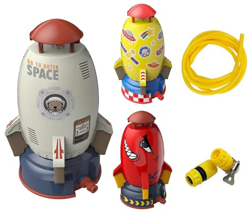 Rocket Wassersprinkler Kinder Outdoor, 360° Rotation Wasserrakete Sprinkler, Cartoon Water Rockets Sprinkler, Wasserspielzeug Rasensprengers, Outdoor Wasserspielzeug Sprinkler für Kinder Raketenform