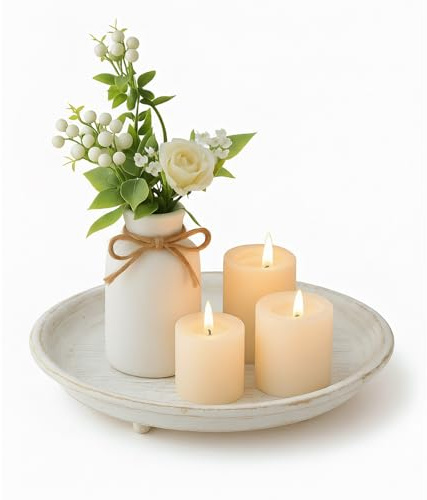 mivofo 10-inch Candle Plate Holder Tray & 30-inch Wooden Bead Garland with Tassels, Farmhouse Decorative Tray, Rustic Country Home Decor - White