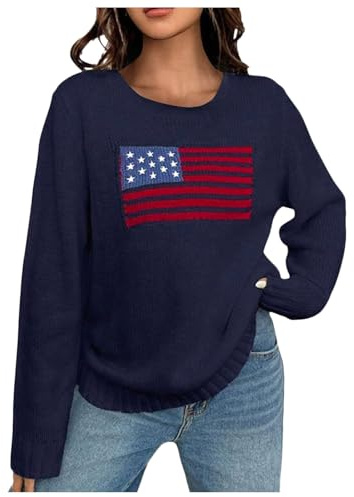 Generisch Batik T-shirt à manches longues pour femme Drapeau des États-Unis en tricot Sweatshirt jour commémoratif Chemises amples Pull norvégien pour femme Col roulé, bleu, S