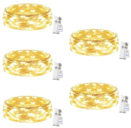 SUCANY Guirnalda Luces Pilas con Temporizador(Blanco Cálido), 3M 30 LED Guirnalda Luces Interior,IP65 Alambre Cobre Impermeable Luces de Cadena,para Navidad,Jardín,Interior y Exterior (5 Piezas)