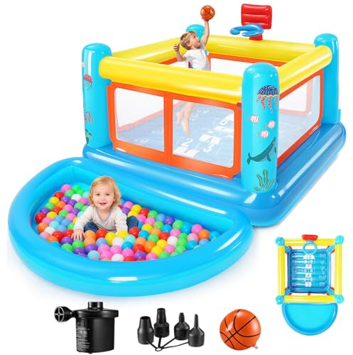 Uppblåsbar hoppborg för barn från 3–6 år, liten PVC-hoppborg-lekhus med hoppkudde, avtagbart bollbad, basketkorg och hoppspel, inklusive luftpump