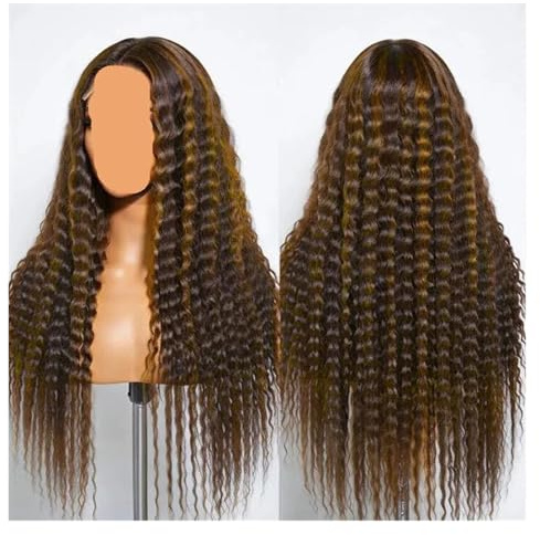 Peluca de cabello humano largo, suelto y rizado, con mezcla negro castaño, peluca frontal encaje 13x4