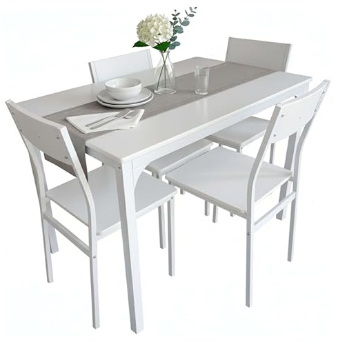 Miroytengo Juego de Mesa y 4 Sillas Cocina, Conjunto de Cocina Comedor, Melamina Color Blanco Brillo