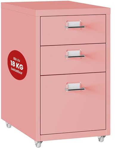 [en.casa] Rollcontainer Kökar Schubladenschrank Metall Aktenschrank mit 3 Schubladen Bürowagen mit Rollen für Arbeitszimmer 48 x 28 x 41 cm Rosa