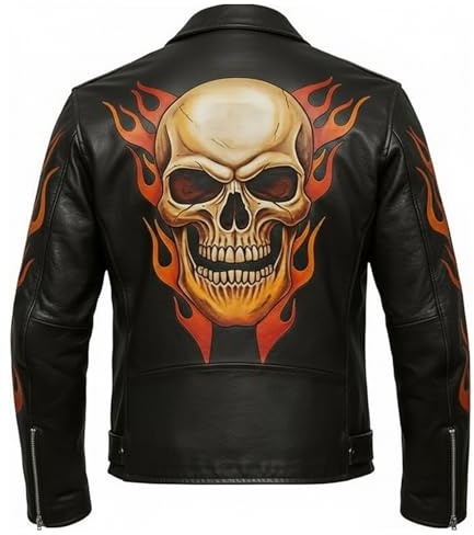 Mens Gothic Flame Skull Biker Jacket Real Leather Motorcycle Fire Graphic Heavy Metal Punk Rock Jacket