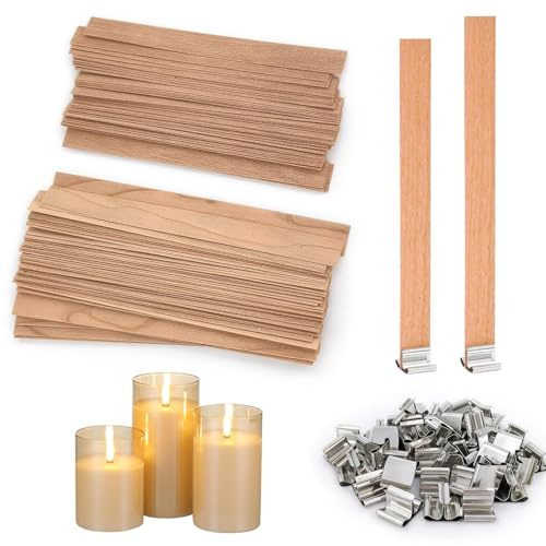 60PCS Wooden Candle Wicks with Metal Sustainer, 13mm Wide, 130mm & 150mm | Wood Wick, Natural Crackling Candle Wicks for DIY Candle Making, Soy Wax & Paraffin Compatible