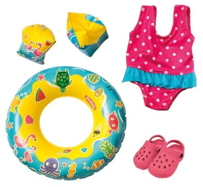 Heless 88 - Schwimm-Set für Puppen, Badeanzug, Clogs, Schwimmring und -flügel mit lustigen Bade- und Wassermotiven, Puppengröße ca. 35 - 45 cm, für Badespaß an heißen Sommertagen