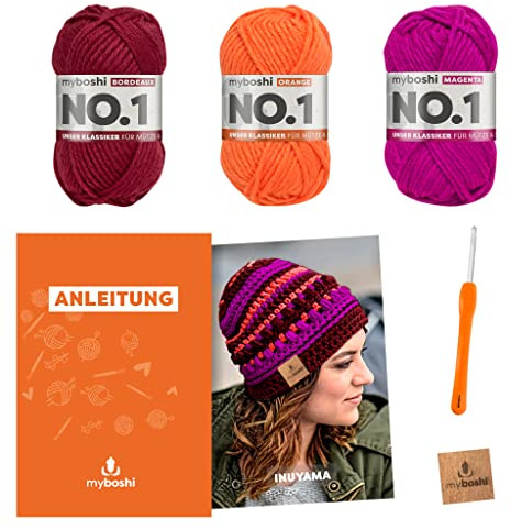 myboshi Häkelset Mütze Inuyama, inkl. No.1 Wolle, Nadel und Anleitung, für Mützen und Schals, Häkelpaket, 30% Merinowolle Pink, mit Häkelnadel