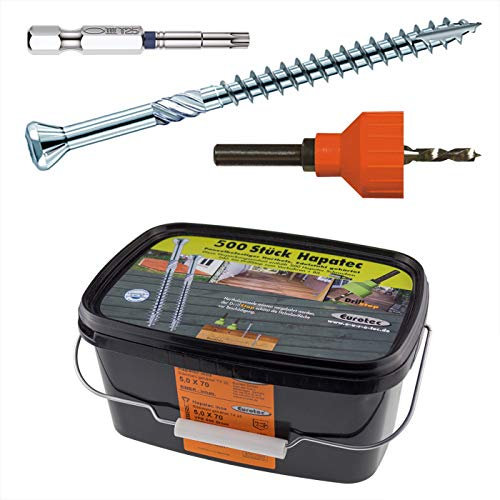 500 Stück 5x70 Hapatec Terrassenschrauben Verlegeset, incl. 1 x TX 25 Edelstahl-Bit und 1 x Senkbohrer mit Anschlag, martensitischer Edelstahl gehärtet, Hartholzschraube mit Zulassung