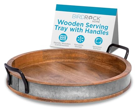 BIRDROCK HOME Large Round Wooden Serving Tray with Handles & Iron Accents - Round Barrel Tray for Living Room, Kitchen, Coffee Table Decor, Breakfast, Cheese Board & Bar - Tray Platter in Lap & Couch