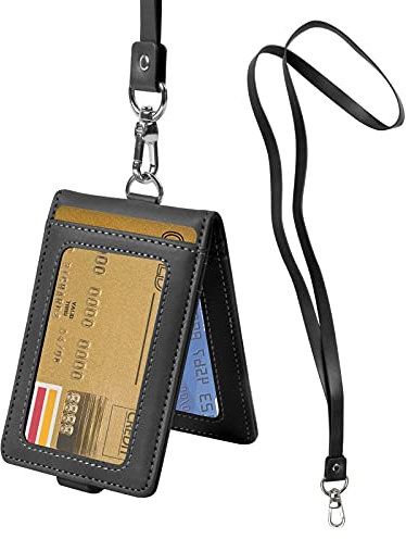 smatime Ausweishülle ID Kartenhalter PU Leder Ausweishalter mit Schlüsselband Umhängeband Karten Hülle Namensschild Abzeichenhalter Arbeitskartenhalter Kreditkartenetui für 5 Karten, Schwarz