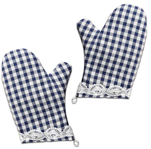Ofenhandschuhe Hannah mit Vogtländischer Spitze 2er Set – hochwertiger Hitzeschutz | Backhandschuh blau-weiß kariert | dick gefütterter Kochhandschuh Universalgröße | Topfhandschuh Landhausstil
