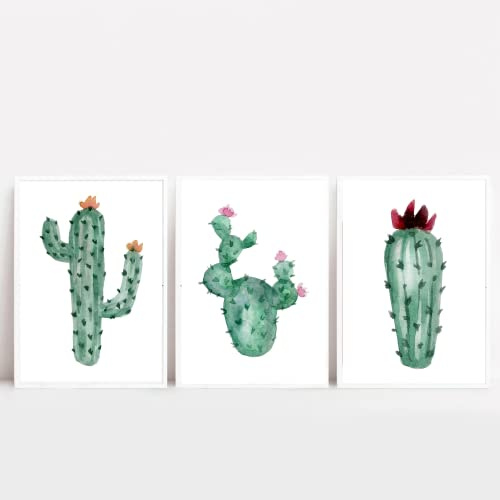 Din A4 Kunstdruck ohne Rahmen - 3er Set - Kaktus - Kakteen Sukkulente Aquarell Druck Poster Bild