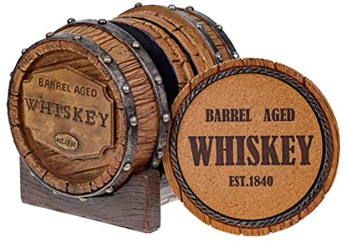 Pine Ridge Whiskey Barrel Lot de 5 Dessous de Verre avec Support, Whiskey Aged Whisky Est. 1840 Décoration et Accessoires Uniques de Bar, bière et Whisky – Décorations d'intérieur Modernes pour